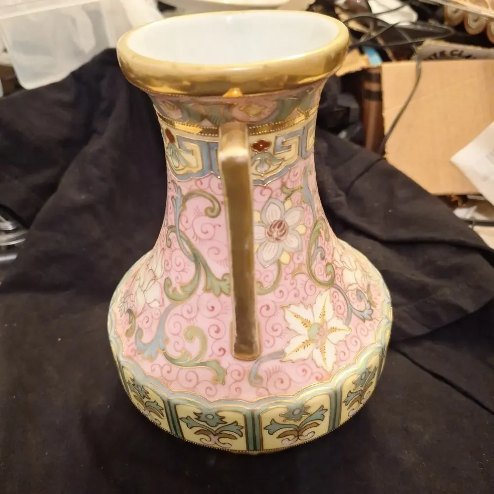 Antique Early 20th Century NIPPON JAPAN Gold Yellow Pink Pastel 8” VASE